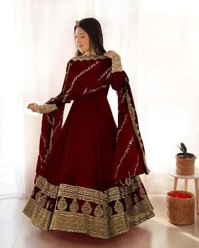Maroon Heavy Georgette Designer Embroidered Anarkali Suit Set